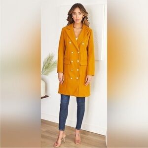 Idealsanxun Stylish Mustard Double-Breasted Pea Coat